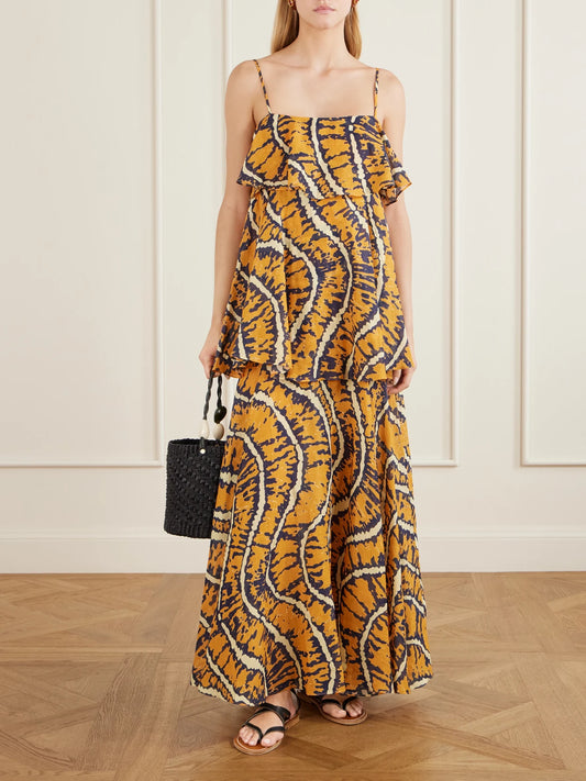 Image of Dresses. Product name - Ripple Tiered Printed Ramie Maxi Dress in Yellow colour by brand - ALÉMAIS