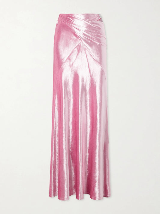 Image of a model wearing Skirts. Product name - Wrap-effect Crystal-embellished Velvet Maxi Skirt in Bright pink colour by brand - RABANNE