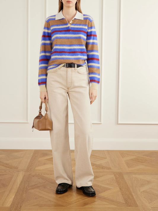 Image of a model wearing Outerwear. Product name - Grizzly Cropped Striped Brushed Cashmere Polo Sweater in Multi, Mint colour by brand - Guest In Residence