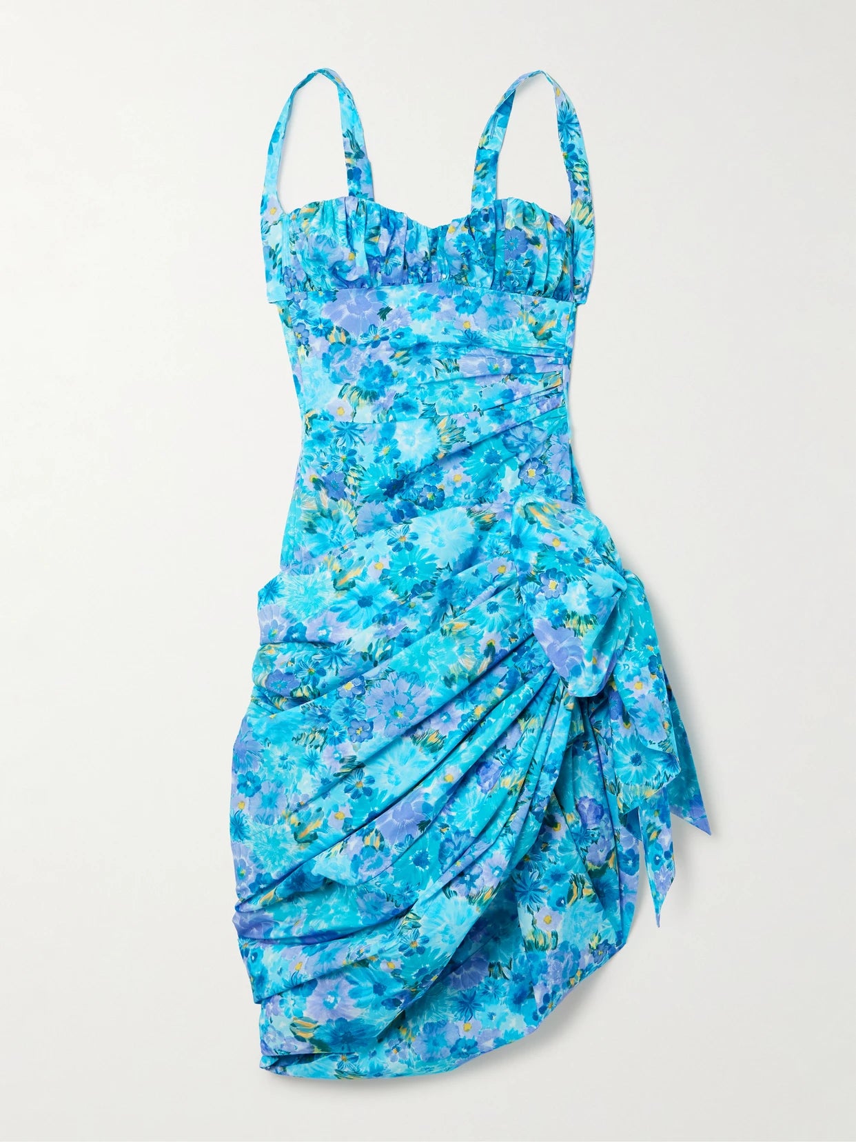 Image of Dresses. Product name - Asymmetric Bow-detailed Draped Gathered Floral-print Cotton Mini Dress in Blue colour by brand - Chloé