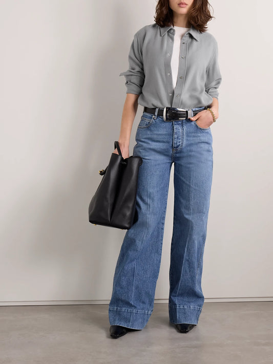 Image of a model wearing Tops. Product name - Cashmere-twill Shirt in Gray colour by brand - God's True Cashmere