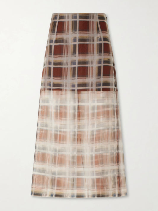 Image of a model wearing Skirts. Product name - Checked Silk-organza Midi Skirt in Brown colour by brand - FRAME