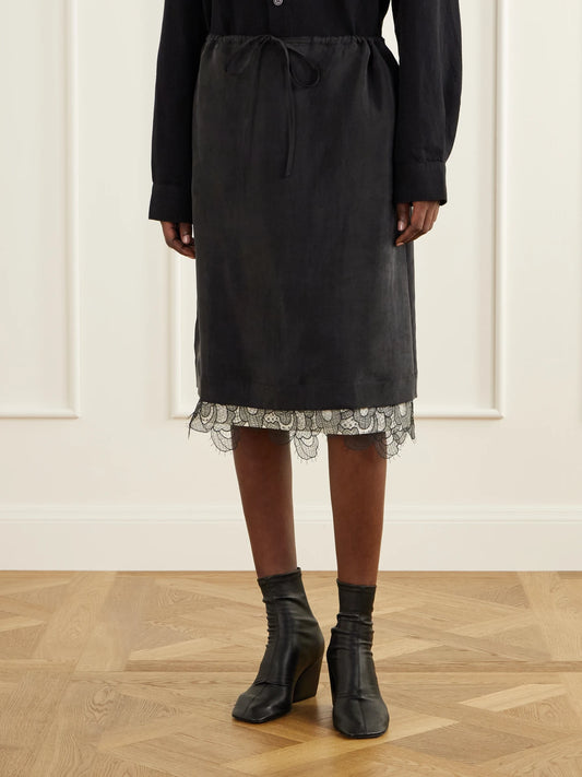 Studio Nicholson Alder Lace-trimmed Lyocell-twill Knee Skirt