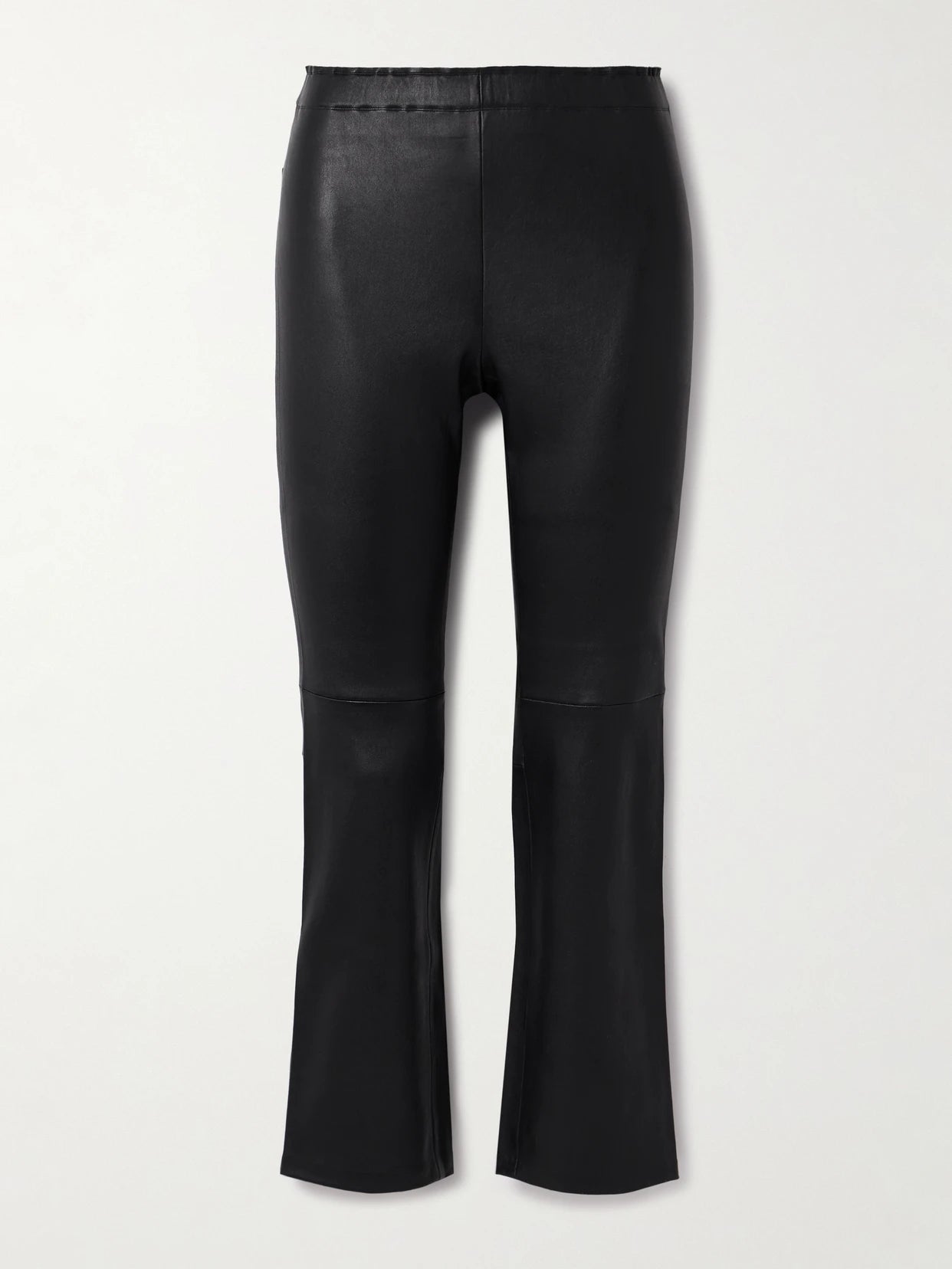 Image of a model wearing Pants. Product name - Jp Twenty Cropped Leather Flared Leggings in Black colour by brand - STOULS