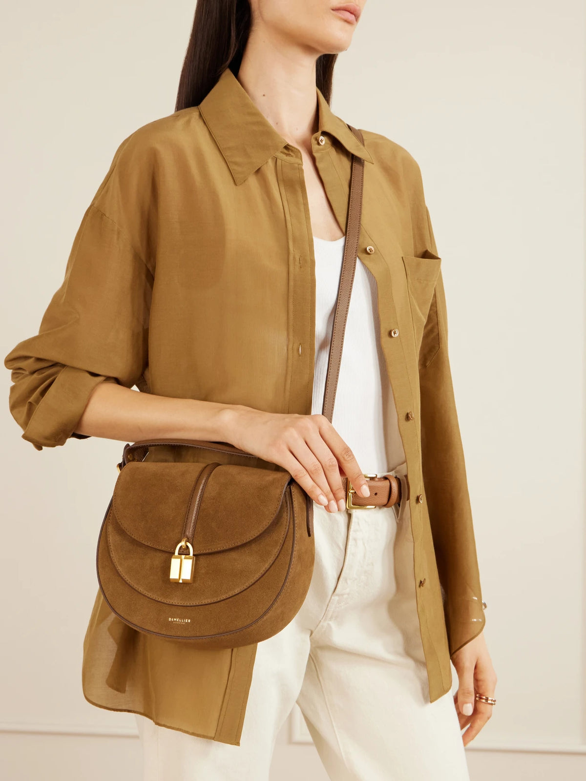 Image of Bags. Product name - The Sienna Saddle Leather-trimmed Suede Shoulder Bag in Tan colour by brand - DeMellier
