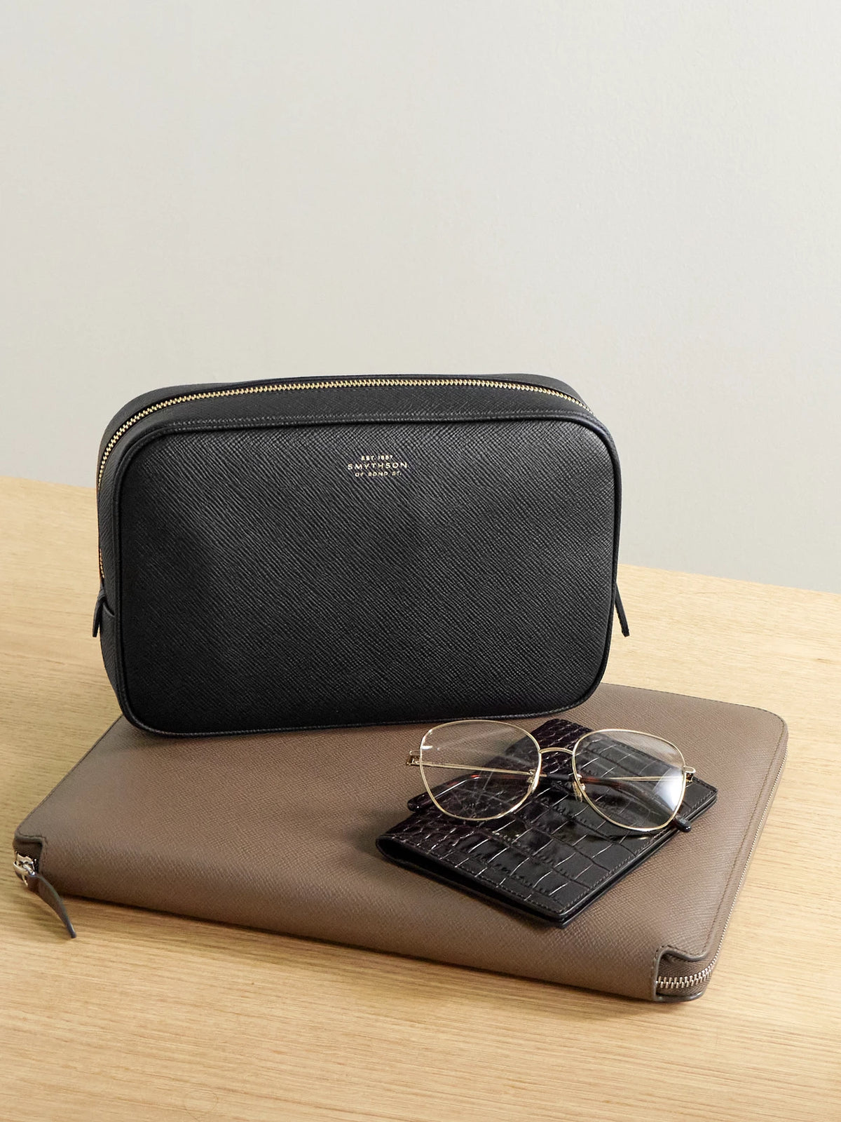 Image of Decor. Product name - Panama Organiser Tech Textured-leather Pouch in Black colour by brand - Smythson