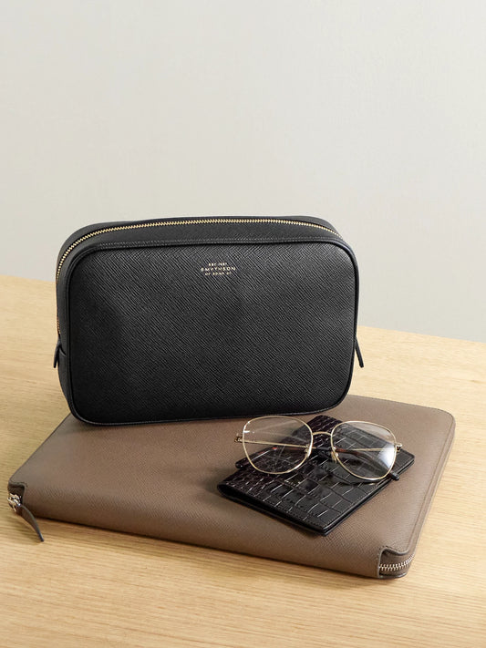 Image of Decor. Product name - Panama Organiser Tech Textured-leather Pouch in Black colour by brand - Smythson