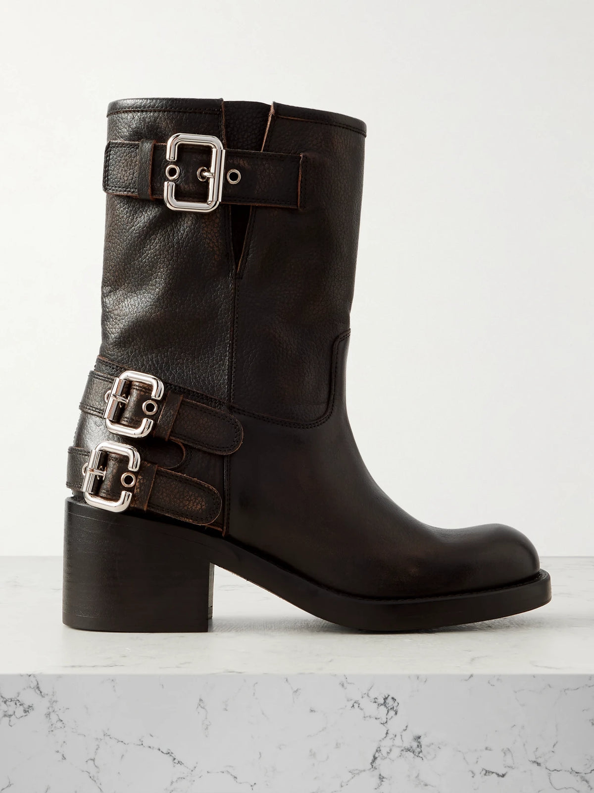 Buckled Textured-leather Ankle Boots