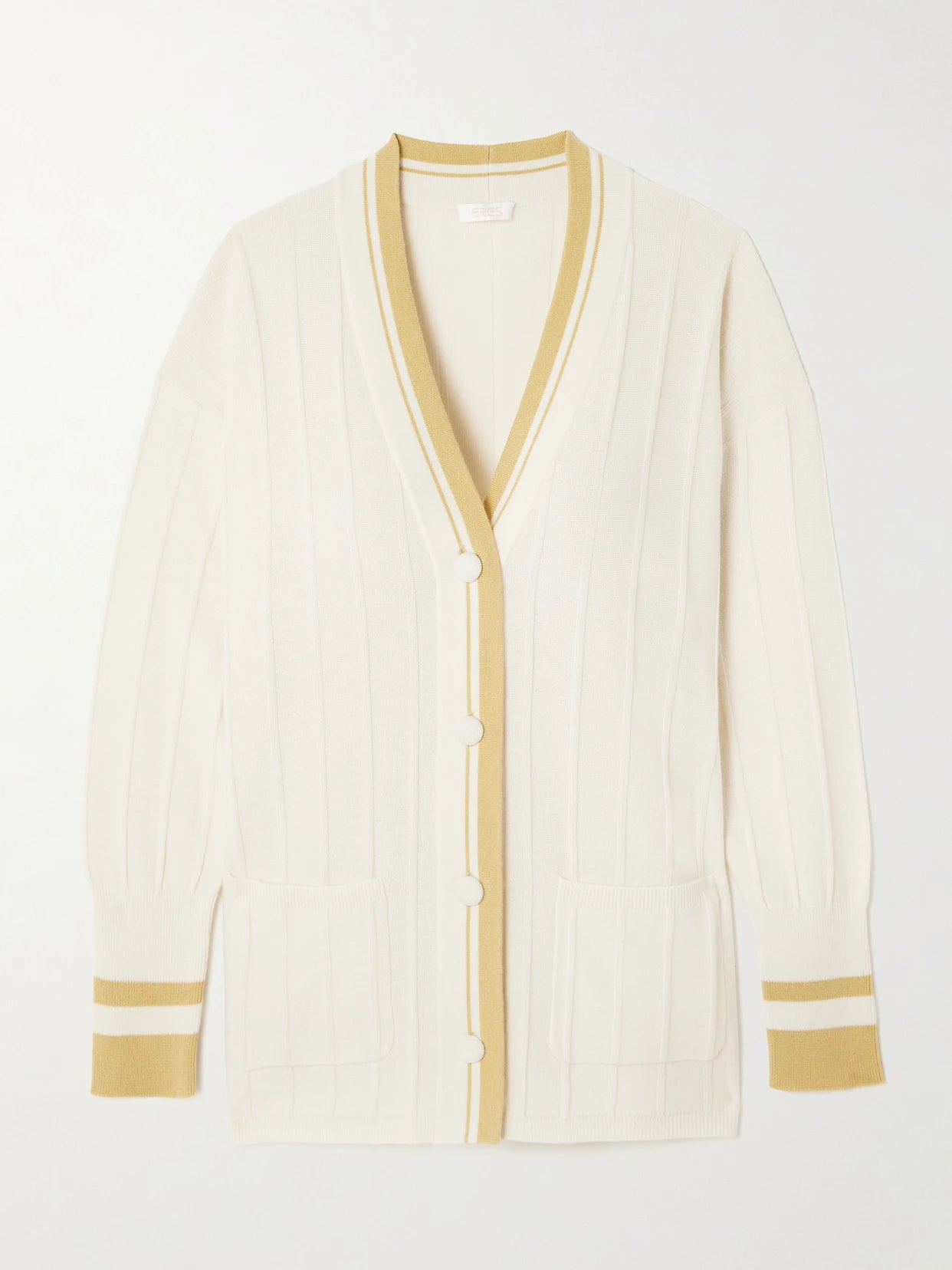 Image of a model wearing Outerwear. Product name - Clubhouse Striped Ribbed Wool And Cashmere-blend Cardigan in Cream colour by brand - Eres