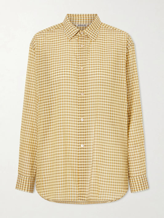 Image of a model wearing Tops. Product name - Check Cotton Shirt in Yellow colour by brand - Auralee
