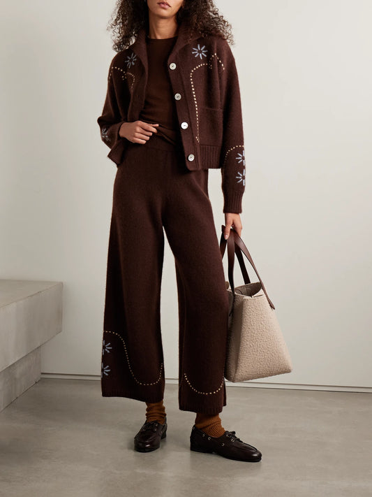 Image of a model wearing Outerwear. Product name - Intarsia-knit Cashmere Wide-leg Pants in Chocolate colour by brand - Calle Del Mar