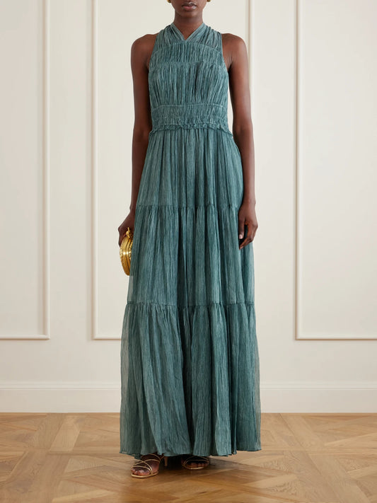 Image of Dresses. Product name - Freesia Tiered Silk-crepon Gown in Blue colour by brand - Ulla Johnson