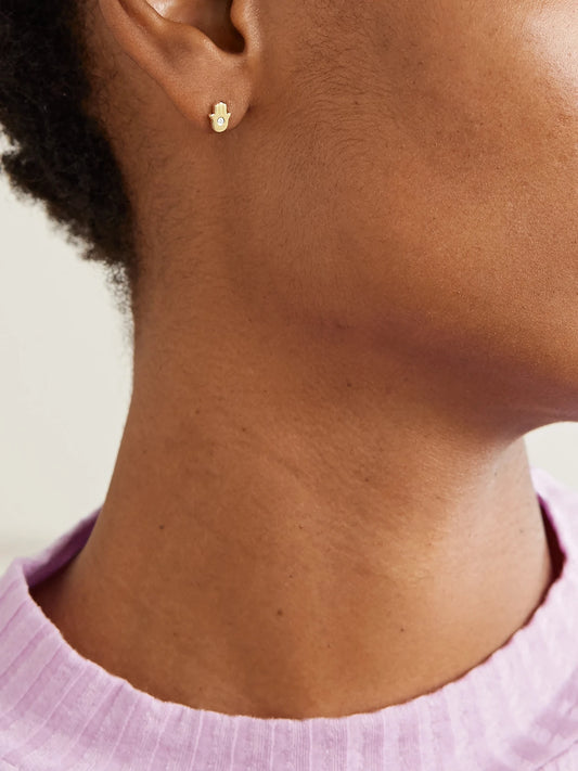 Image of Earrings. Product name - Mini Hamsa 18-karat Gold Diamond Earrings in Multi colour by brand - Jennifer Meyer