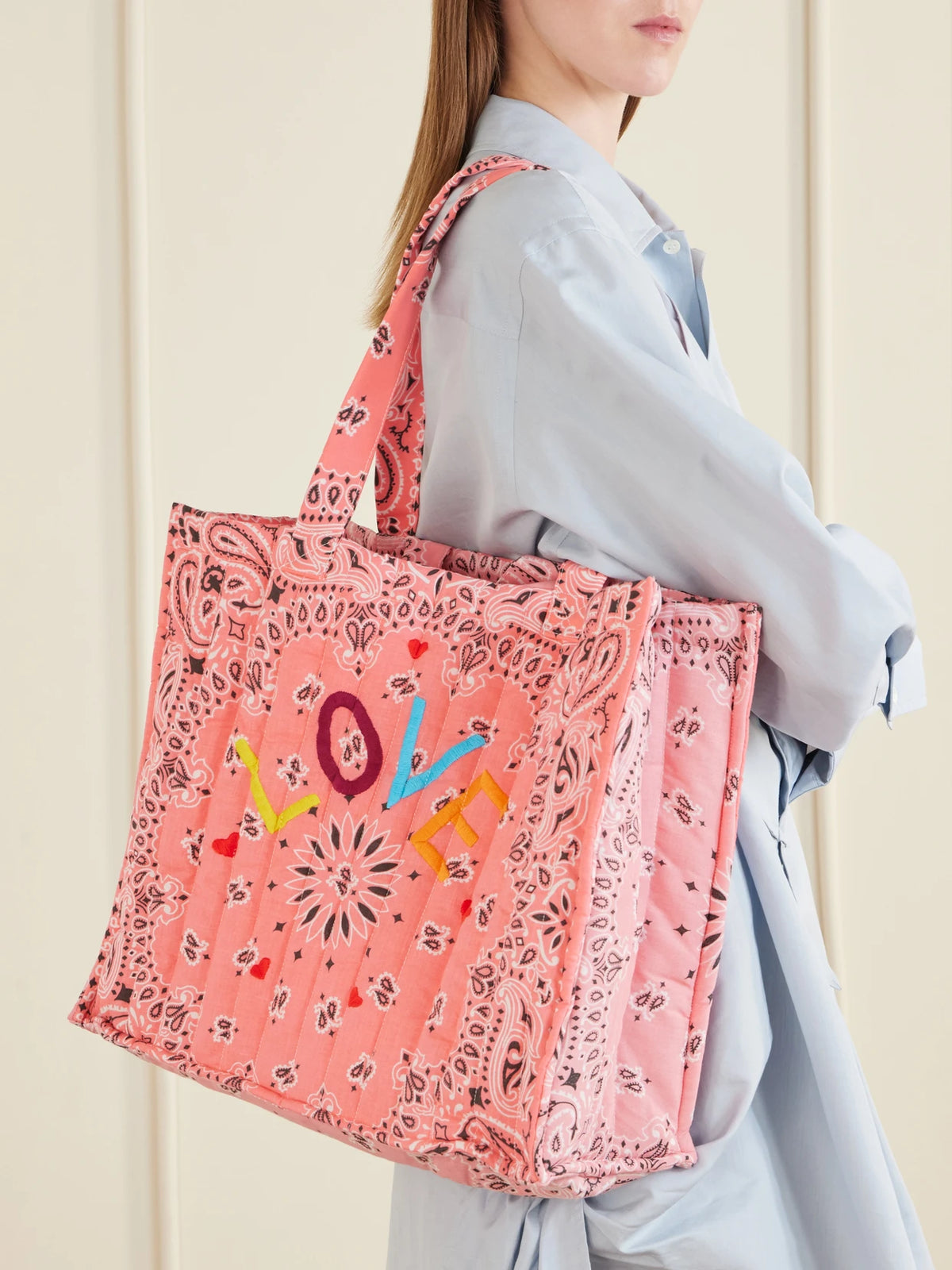 Image of Bags. Product name - Cabas Maxi Embroidered Quilted Printed Cotton Tote Bag in Pink colour by brand - CALL IT BY YOUR NAME