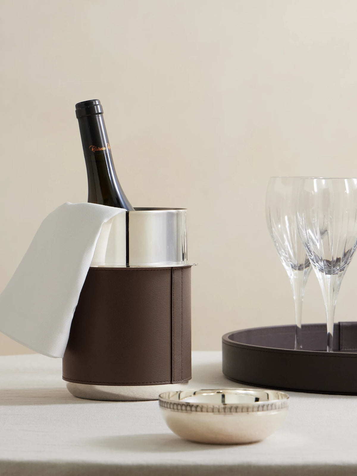 Image of Tableware. Product name - Leather-trimmed Silver-plated Wine Cooler in Brown colour by brand - Brunello Cucinelli