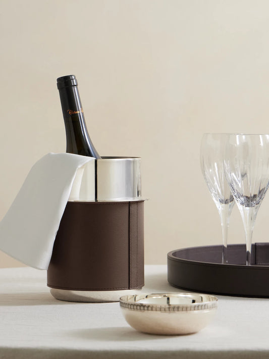 Image of Tableware. Product name - Leather-trimmed Silver-plated Wine Cooler in Brown colour by brand - Brunello Cucinelli
