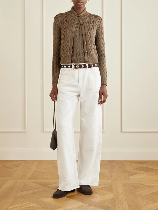 Image of a model wearing Outerwear. Product name - Cable-knit Stretch-silk Halterneck Polo Vest in Light brown colour by brand - Ralph Lauren Collection