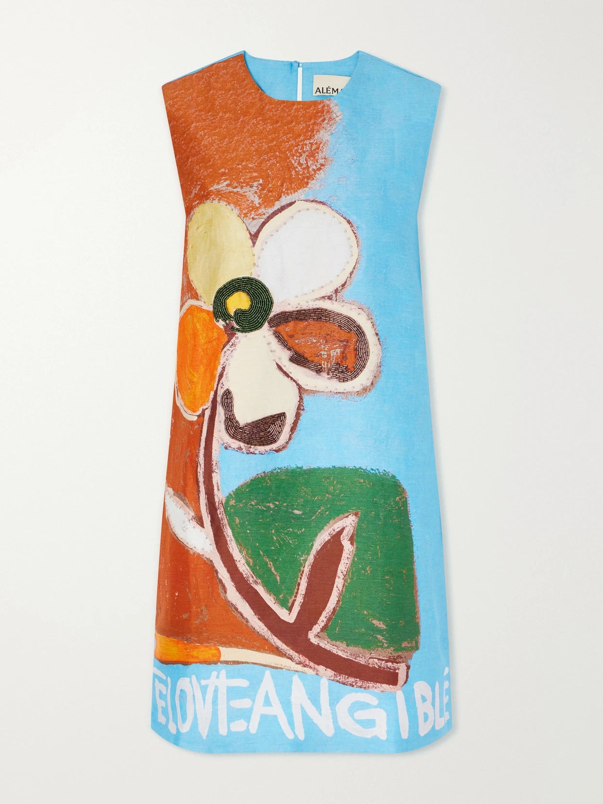 Image of Dresses. Product name - Lenny Embellished Printed Linen-blend Mini Dress in Blue colour by brand - ALÉMAIS