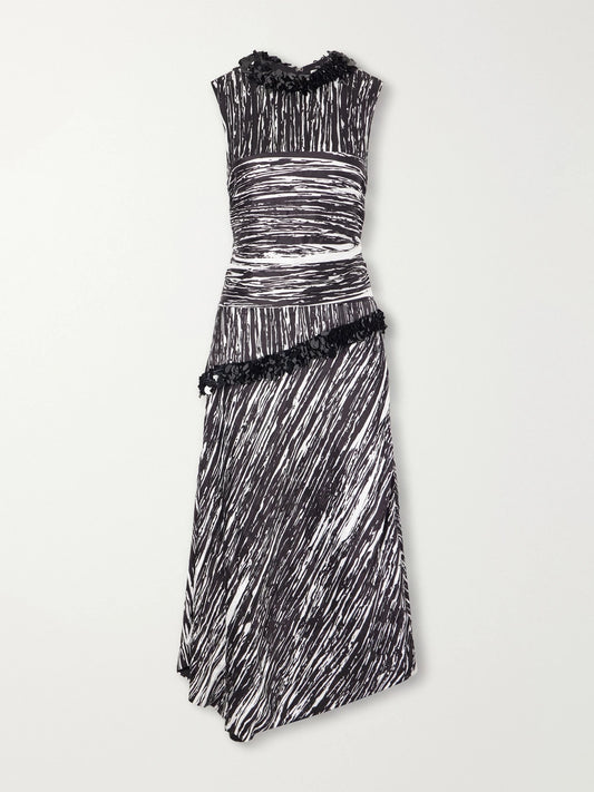 Brandon Maxwell Fiora Sequin-embellished Pleated Printed Satin-jacquard Midi Dress