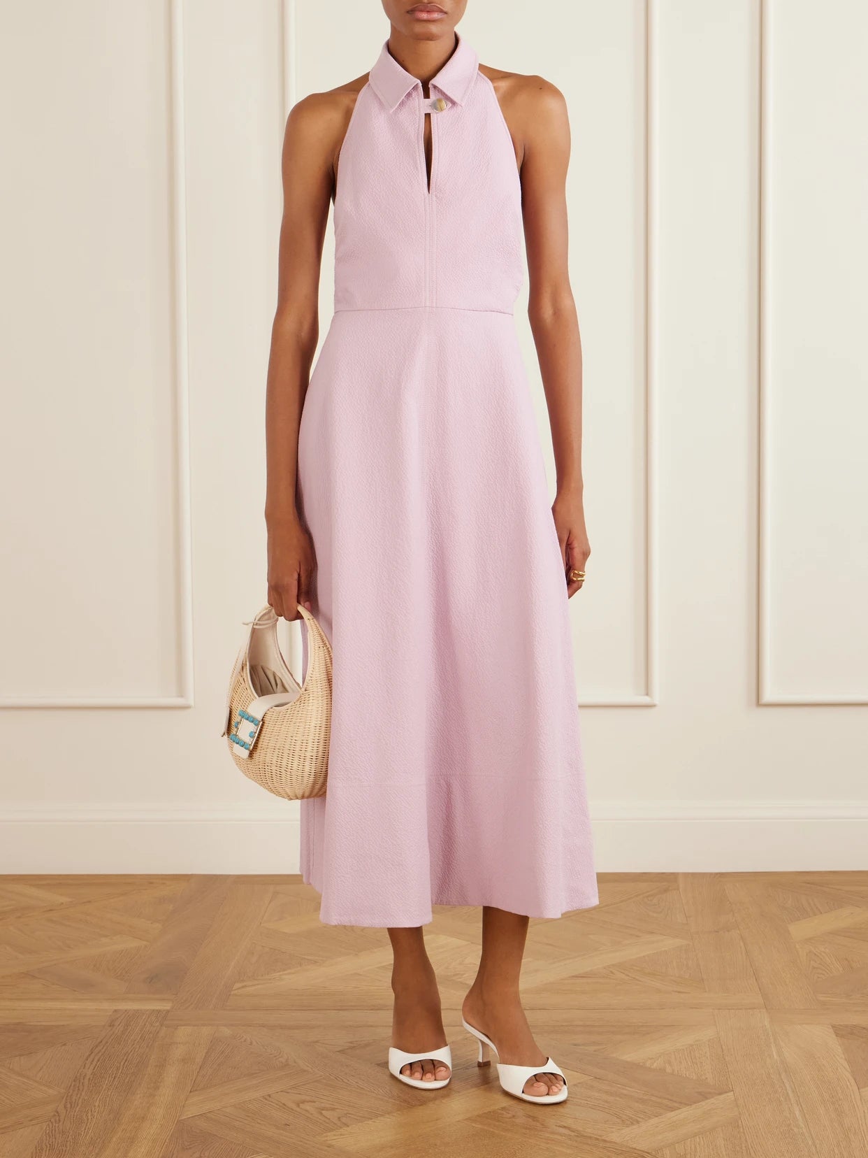 Image of Dresses. Product name - Mackey Cotton-blend Seersucker Halterneck Midi Dress in Pink colour by brand - Veronica Beard