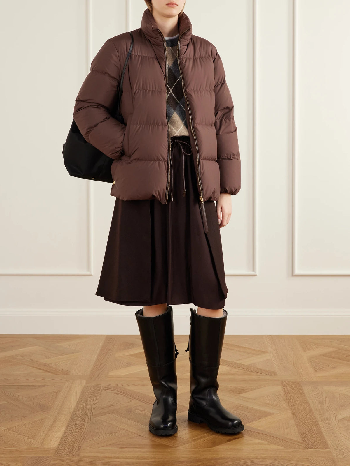 Image of Coats & Jackets. Product name - Vivantesse Shell Quilted Down Jacket in Chocolate colour by brand - Moncler