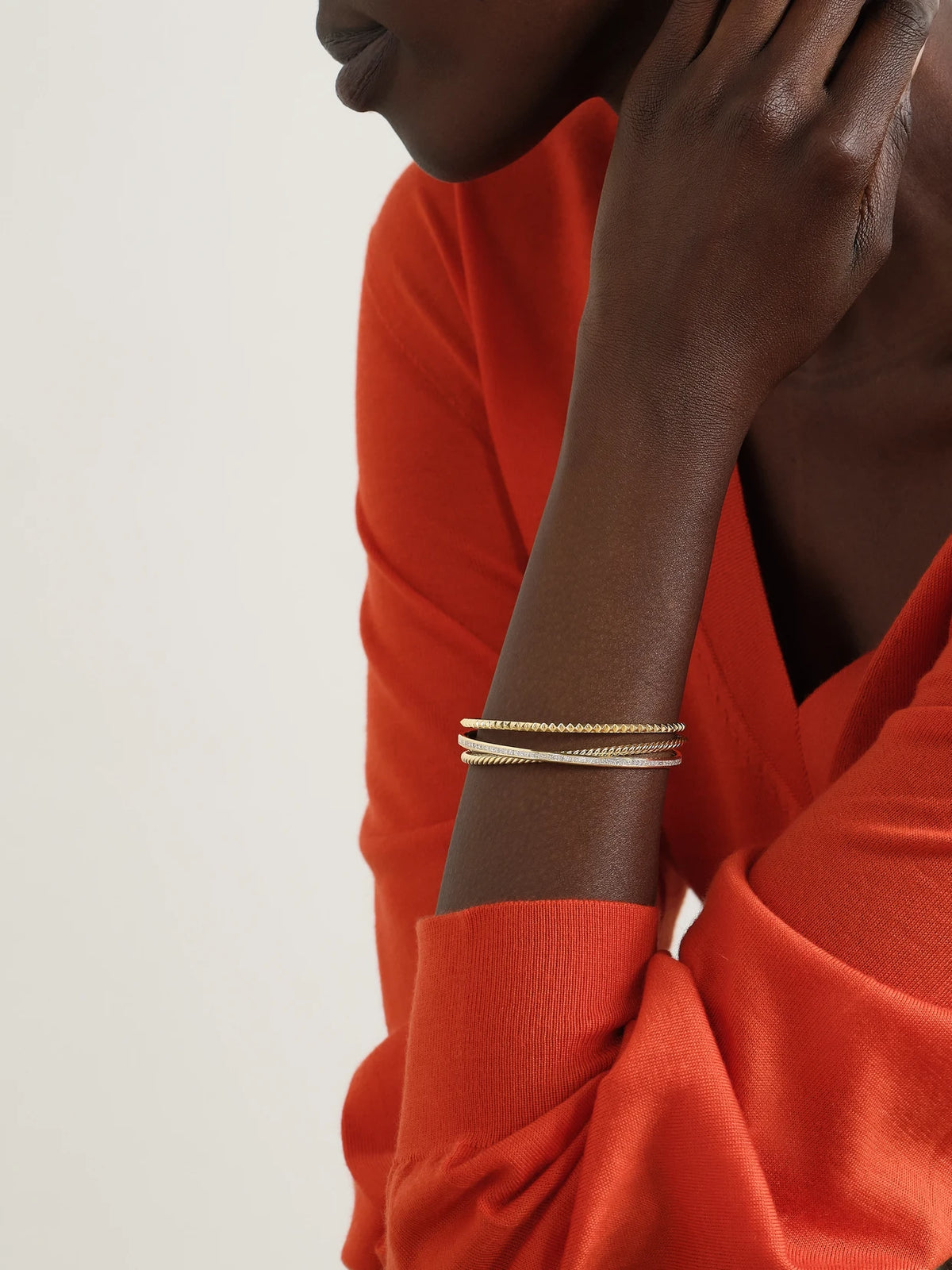 Image of Bracelets. Product name - Crossover Trio 18-karat Gold Diamond Cuff in Multi colour by brand - David Yurman