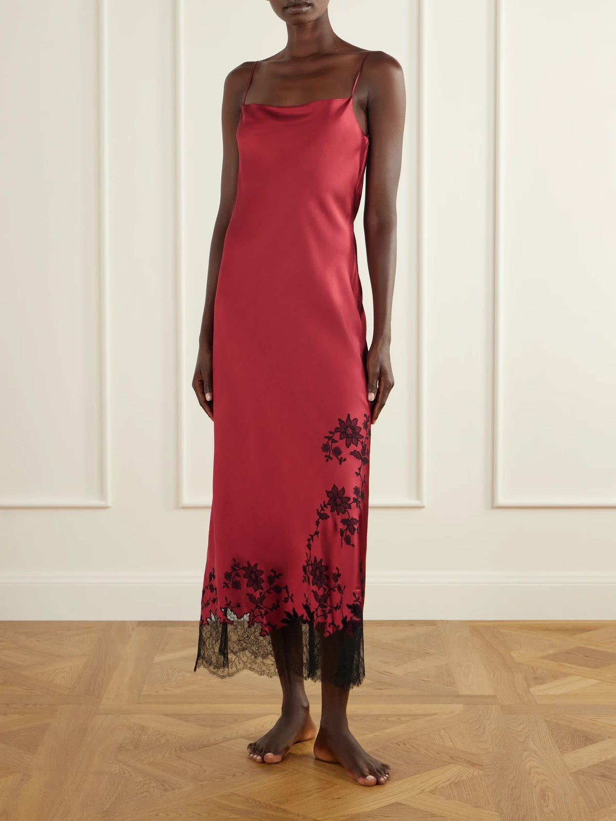 Image of Lingerie. Product name - Lace-trimmed Silk-satin Maxi Dress in Red colour by brand - Carine Gilson