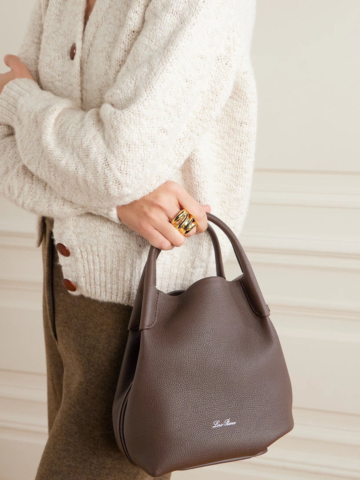 Image of Bags. Product name - Bale Small Canvas-trimmed Textured-leather Tote in Dark brown colour by brand - Loro Piana