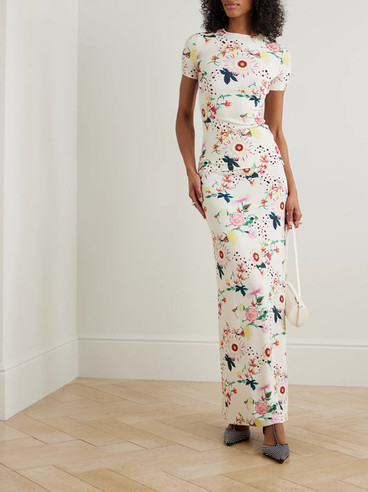 Image of a model wearing Skirts. Product name - Floral-print Jersey Midi Skirt in Multi colour by brand - RABANNE