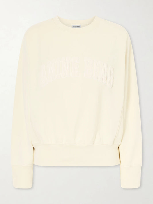 Image of Sleepwear & Loungewear. Product name - Appliquéd Cotton-fleece Sweatshirt in Cream colour by brand - Anine Bing