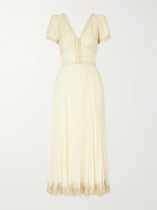 Image of Dresses. Product name - Lace-trimmed Pleated Crepe Midi Dress in Yellow colour by brand - Self-Portrait