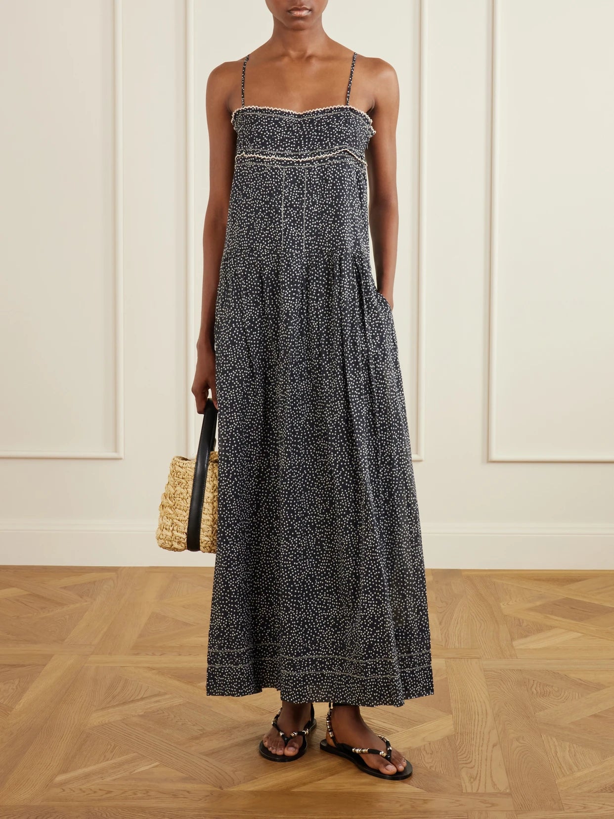 Image of Dresses. Product name - Demy Printed Cotton Midi Dress in Black colour by brand - MARANT ÉTOILE