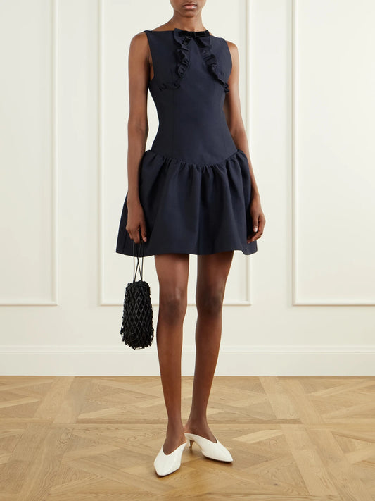 Image of Dresses. Product name - Bow-detail Ruffled Gathered Cady Mini Dress in Navy colour by brand - SHUSHU/TONG