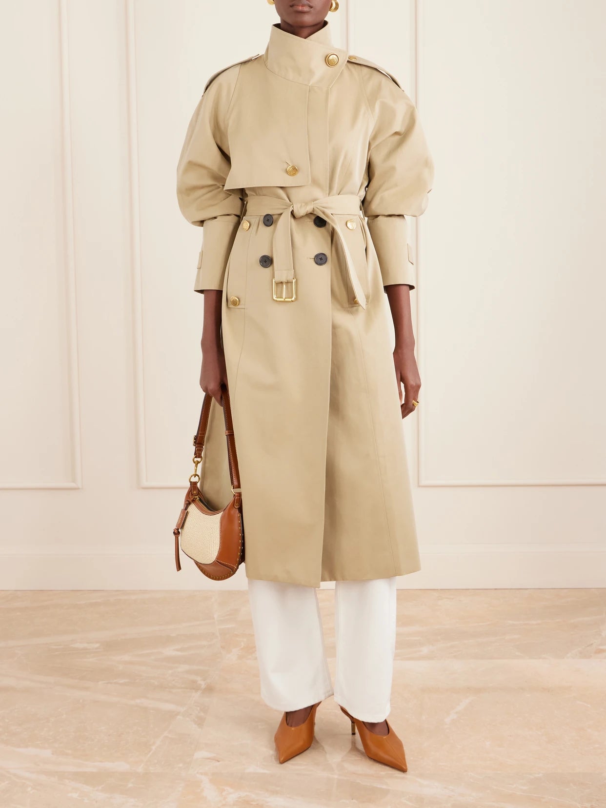 Image of Coats & Jackets. Product name - Eterne Double-breasted Belted Cotton-twill Trench Coat in Tan colour by brand - MAISON MAYLE