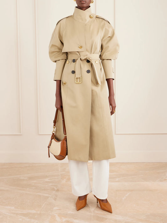 Image of Coats & Jackets. Product name - Eterne Double-breasted Belted Cotton-twill Trench Coat in Tan colour by brand - MAISON MAYLE