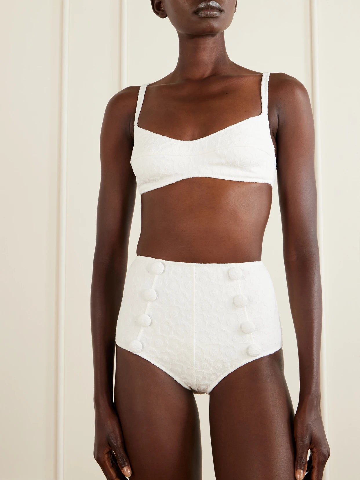 Balconette Button-embellished Floral-jacquard Bikini