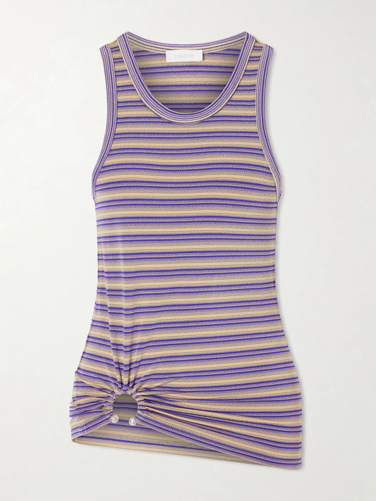 Image of a model wearing Tops. Product name - Gathered Striped Jersey Tank in Purple colour by brand - RABANNE