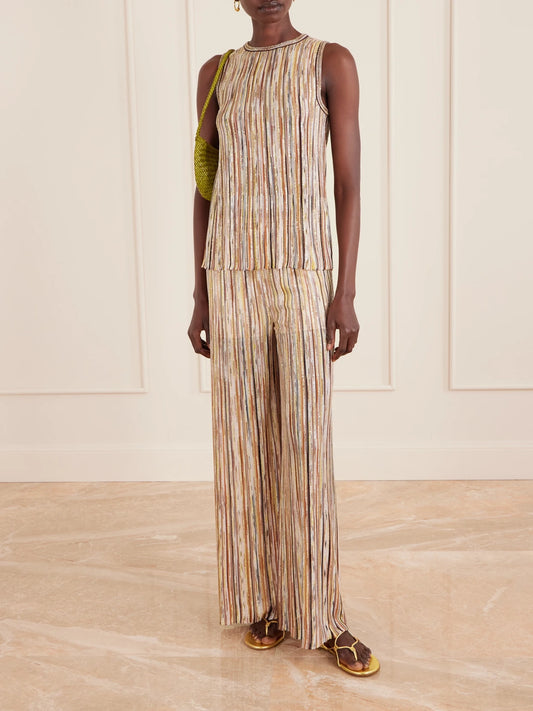 Image of a model wearing Tops. Product name - Mare Sequined Metallic Striped Crochet-knit Tank in Brown colour by brand - Missoni