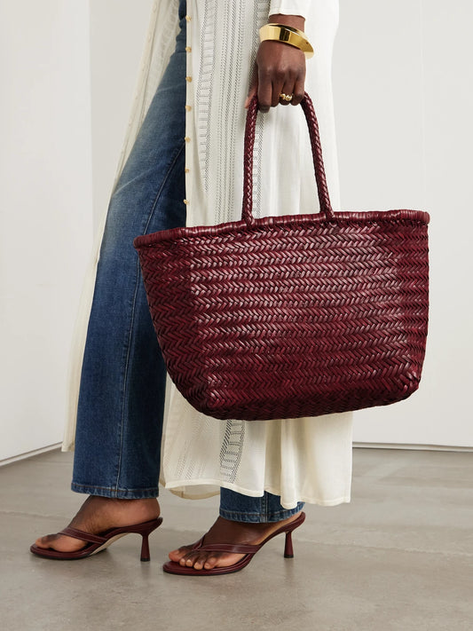 Image of Bags. Product name - Bamboo Triple Jump Big Woven Leather Tote in Burgundy colour by brand - Dragon Diffusion