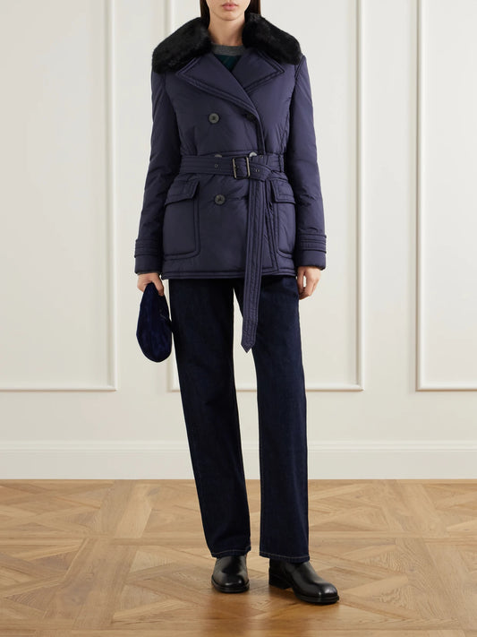 Image of Coats & Jackets. Product name - Double-breasted Belted Padded Plush-trimmed Shell Jacket in Navy colour by brand - Burberry