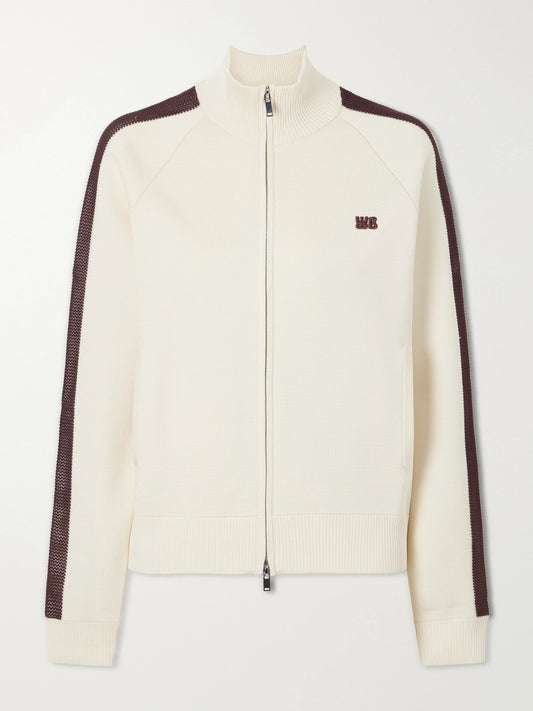 Image of Coats & Jackets. Product name - Tide Logo-embroidered Knitted Jacket in Ivory colour by brand - Wales Bonner