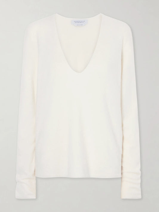 Image of a model wearing Outerwear. Product name - Orlith Cashmere And Silk-blend Sweater in White colour by brand - Gabriela Hearst