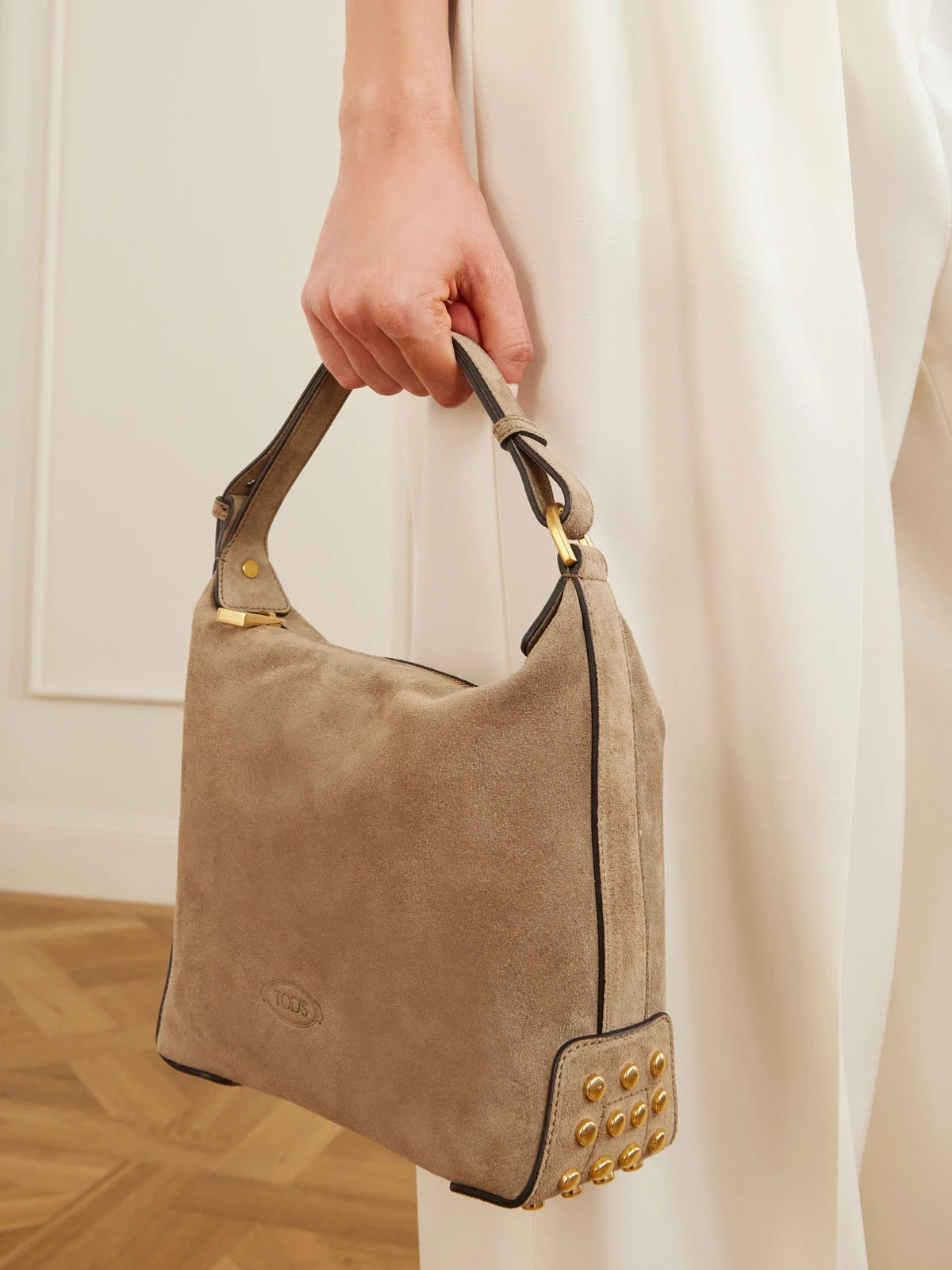Image of Bags. Product name - Sacca Mini Suede Shoulder Bag in Taupe colour by brand - Tod's