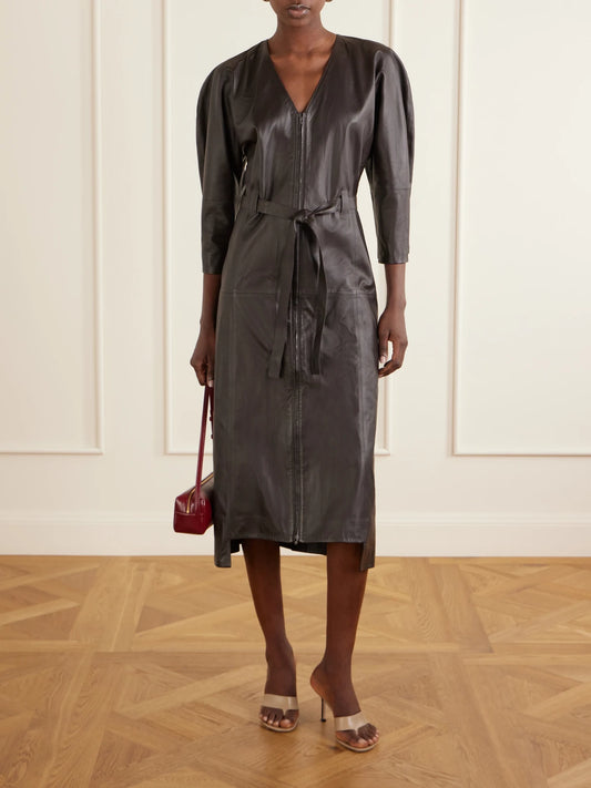 Image of Dresses. Product name - Dolman Belted Leather Midi Dress in Brown colour by brand - Victoria Beckham