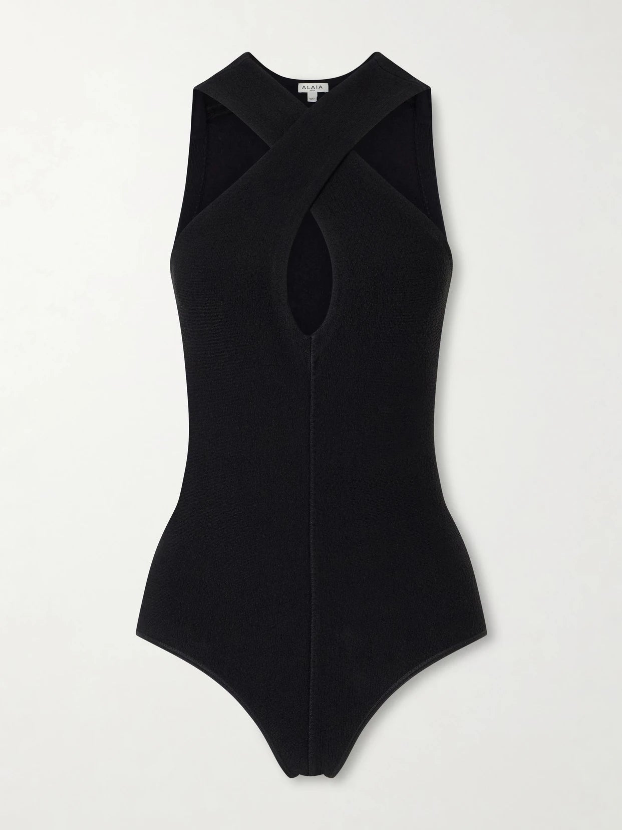 Image of a model wearing Tops. Product name - Cross Body Compact Bodysuit in Black colour by brand - Alaïa