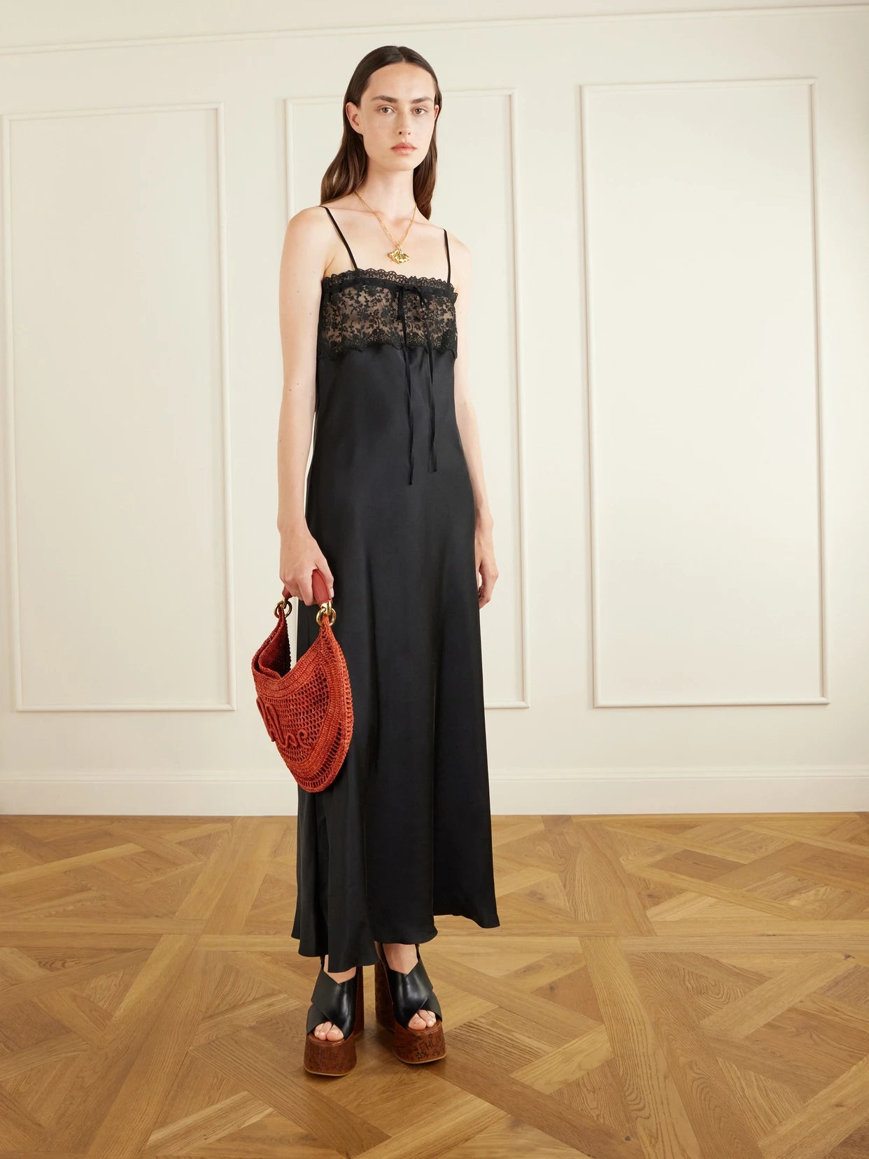 Image of Dresses. Product name - Lace-trimmed Silk-satin Midi Dress in Black colour by brand - Chloé