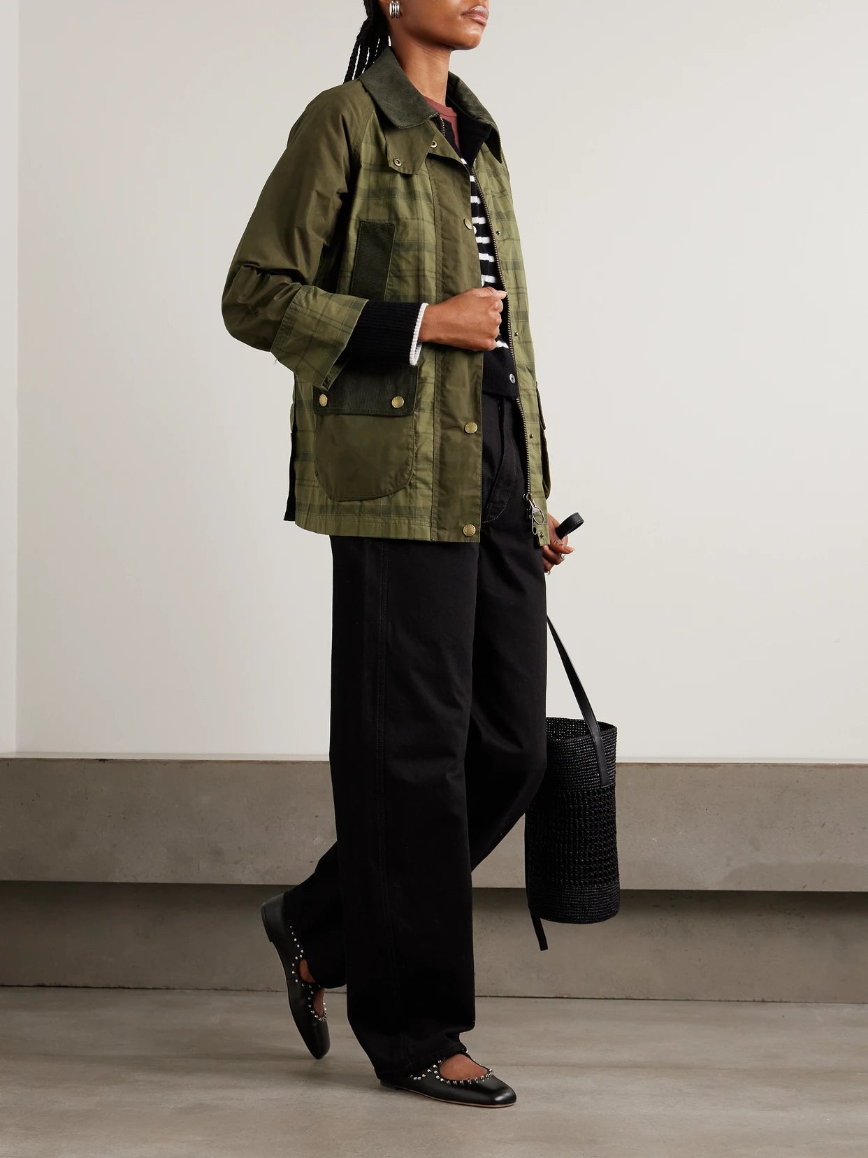 Image of Coats & Jackets. Product name - Beadnell Corduroy-trimmed Checked Cotton Jacket in Green colour by brand - Barbour