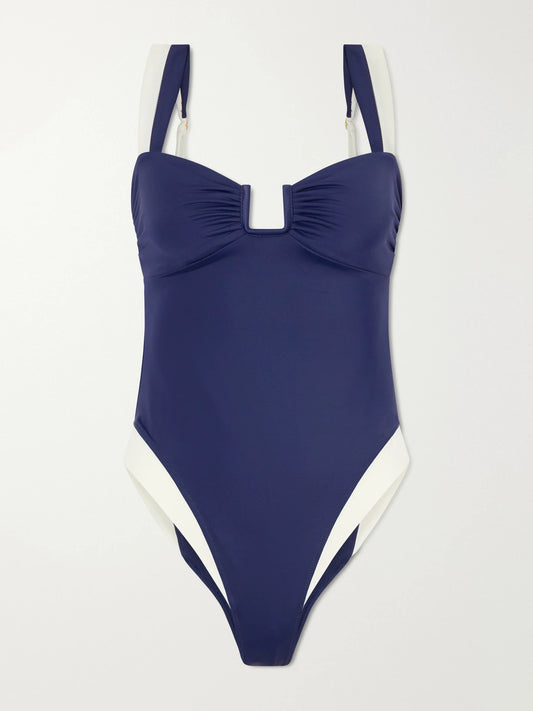 Image of Swimwear. Product name - Cannes Two-tone Gathered Recycled Stretch Swimsuit in Navy colour by brand - Away That Day