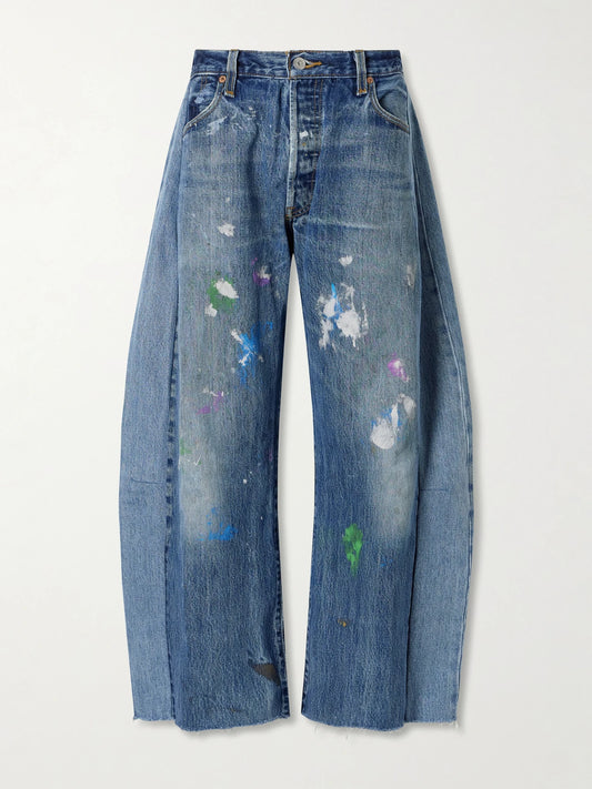 Vintage Lasso Distressed Frayed Paneled Paint-splatter Wide-leg Jeans