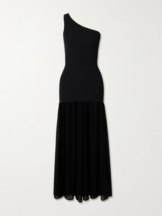 Image of Dresses. Product name - Nancy Hybrid One-shoulder Original Crinkle And Chiffon Cover-up in Black colour by brand - Hunza G